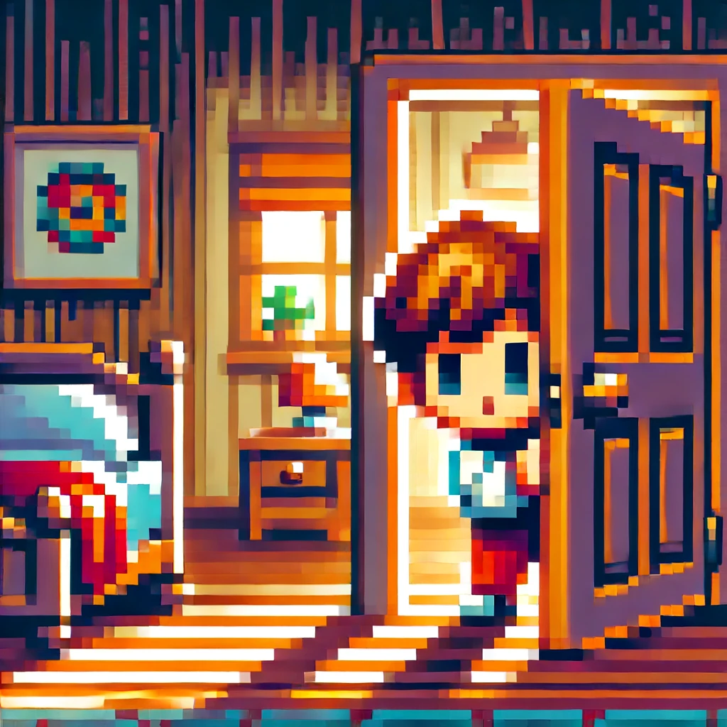 Pixel boy hiding behind a door